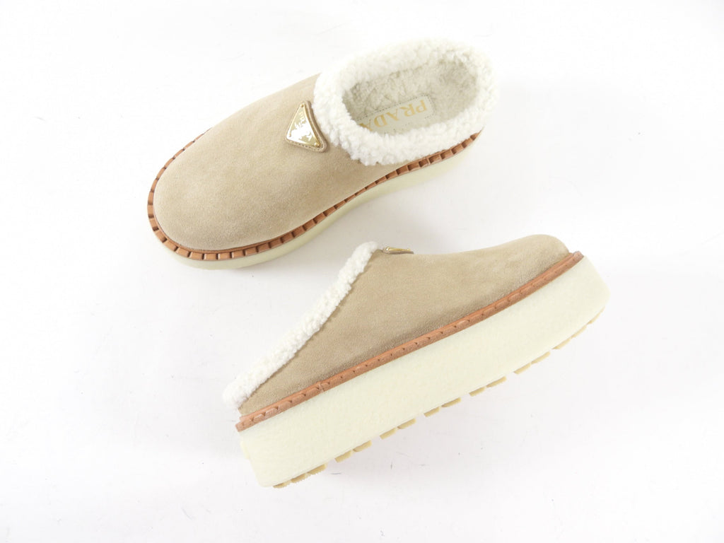 Prada Beige Suede Shearling Platform Mules - 37 / 7