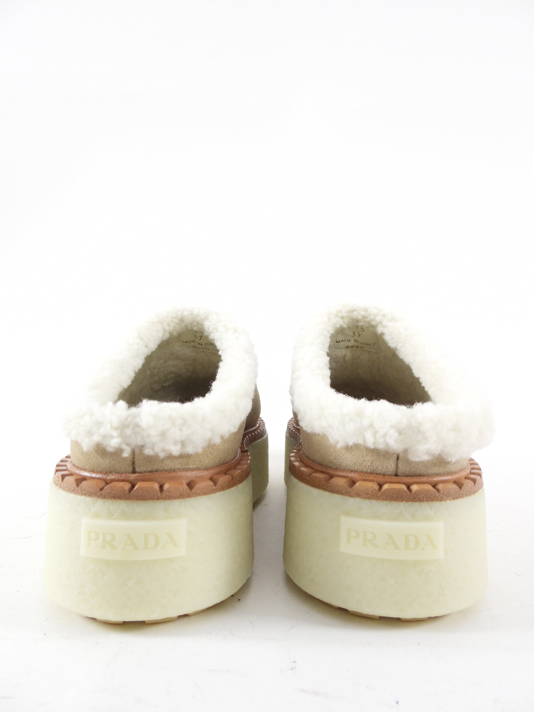 Prada Beige Suede Shearling Platform Mules - 37 / 7