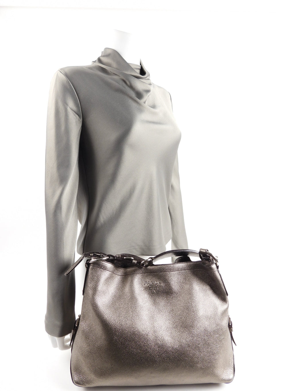 Prada Metallic Pewter Hobo Leather Shoulder Bag