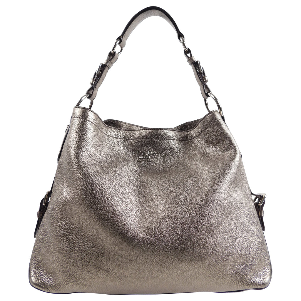 Prada Metallic Pewter Hobo Leather Shoulder Bag