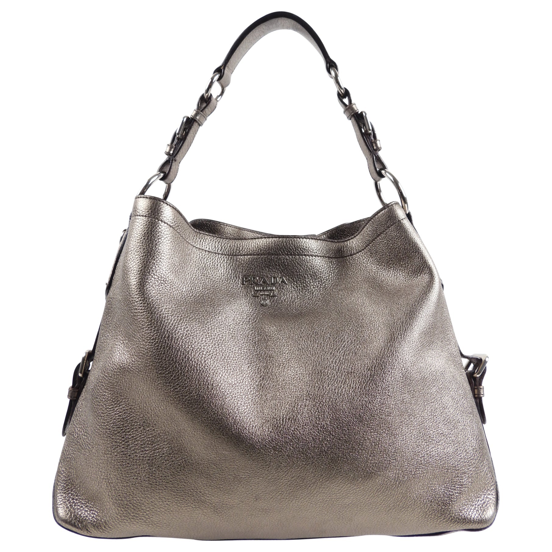 Prada Metallic Pewter Hobo Leather Shoulder Bag
