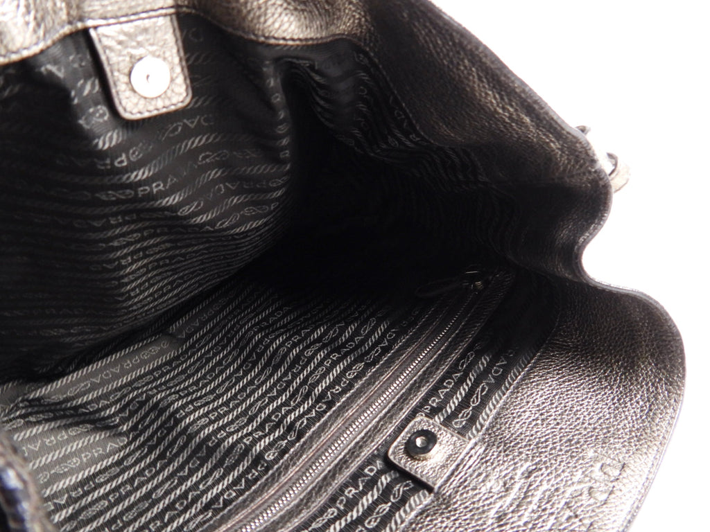 Prada Metallic Pewter Hobo Leather Shoulder Bag