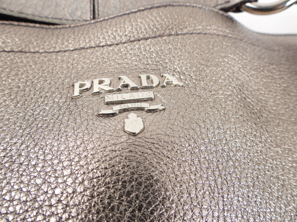 Prada Metallic Pewter Hobo Leather Shoulder Bag