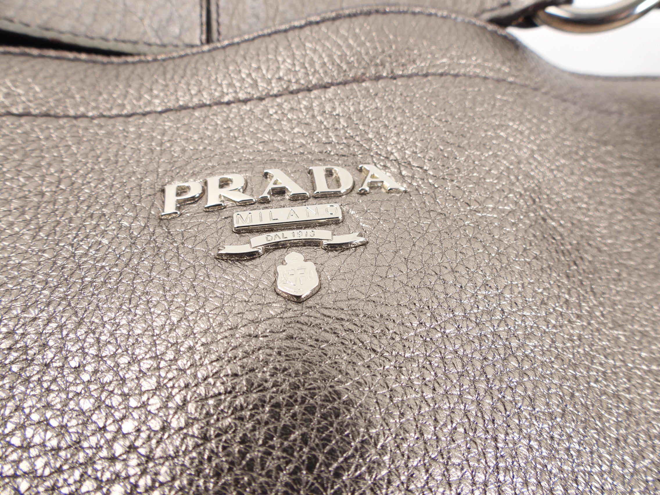 Prada Metallic Pewter Hobo Leather Shoulder Bag