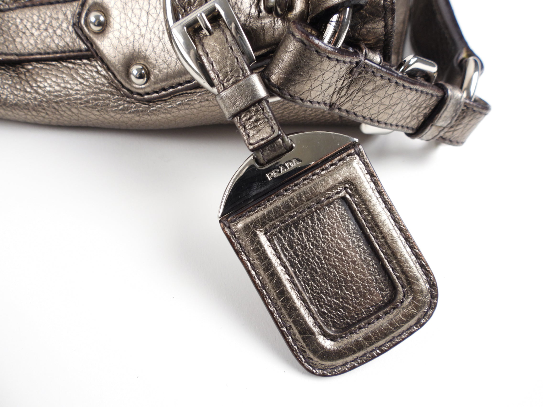 Prada Metallic Pewter Hobo Leather Shoulder Bag