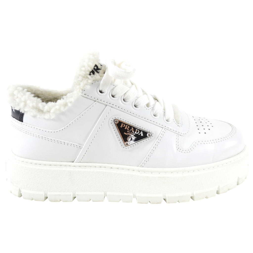 Prada White Leather Shearling Sneakers - 37