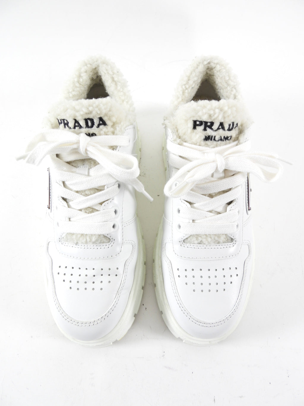 Prada White Leather Shearling Sneakers - 37