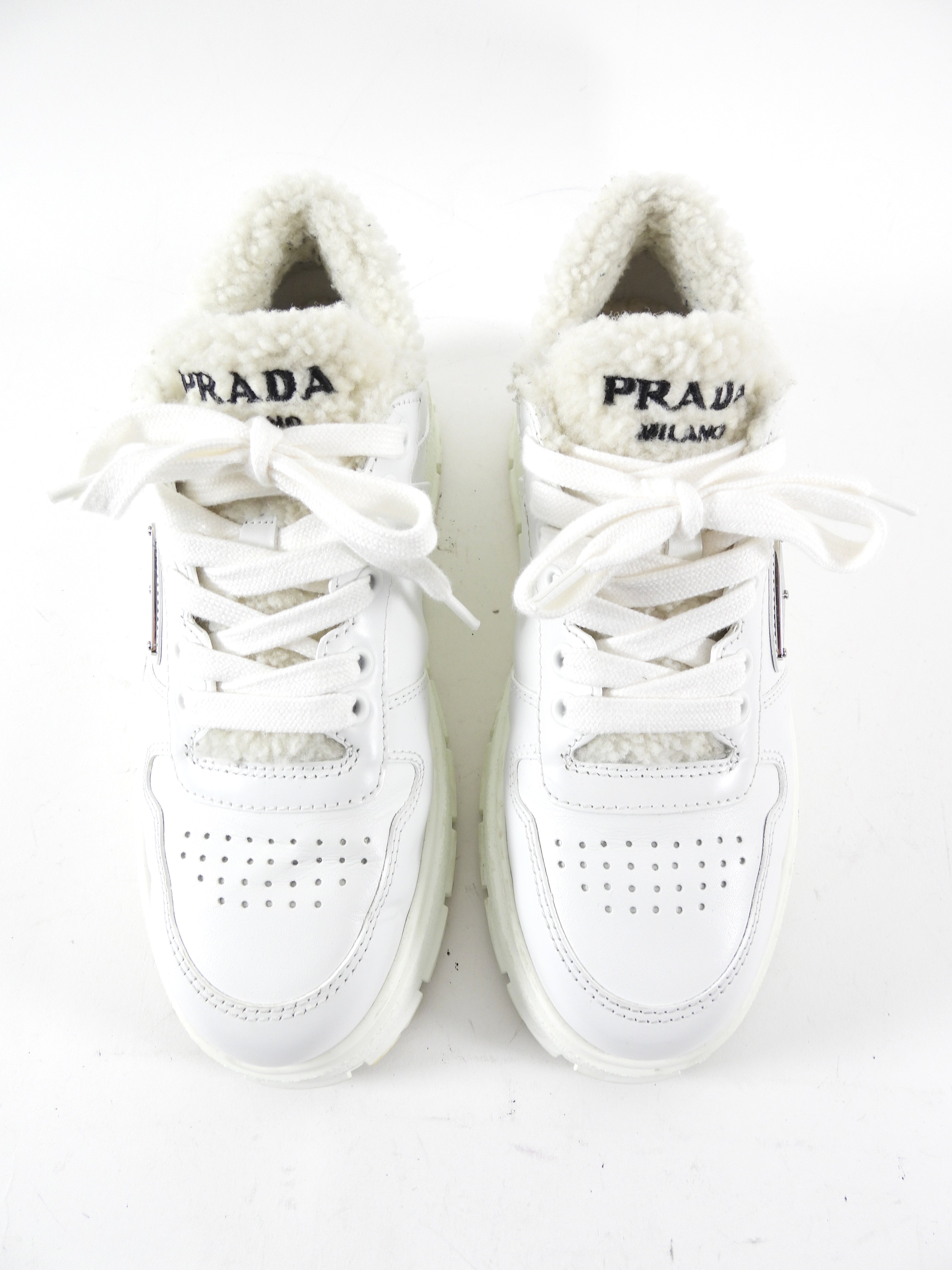 Prada White Leather Shearling Sneakers - 37