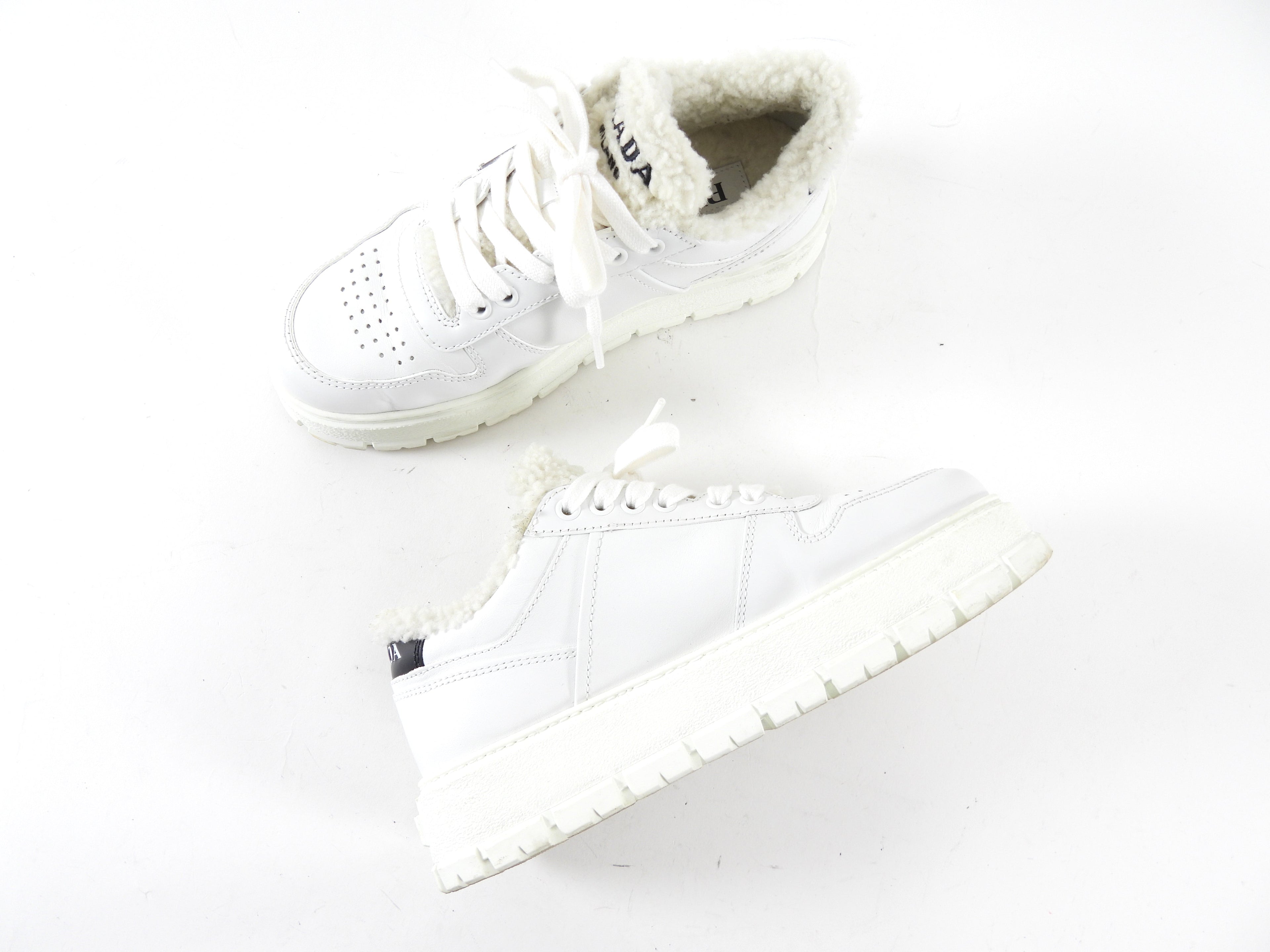 Prada White Leather Shearling Sneakers - 37