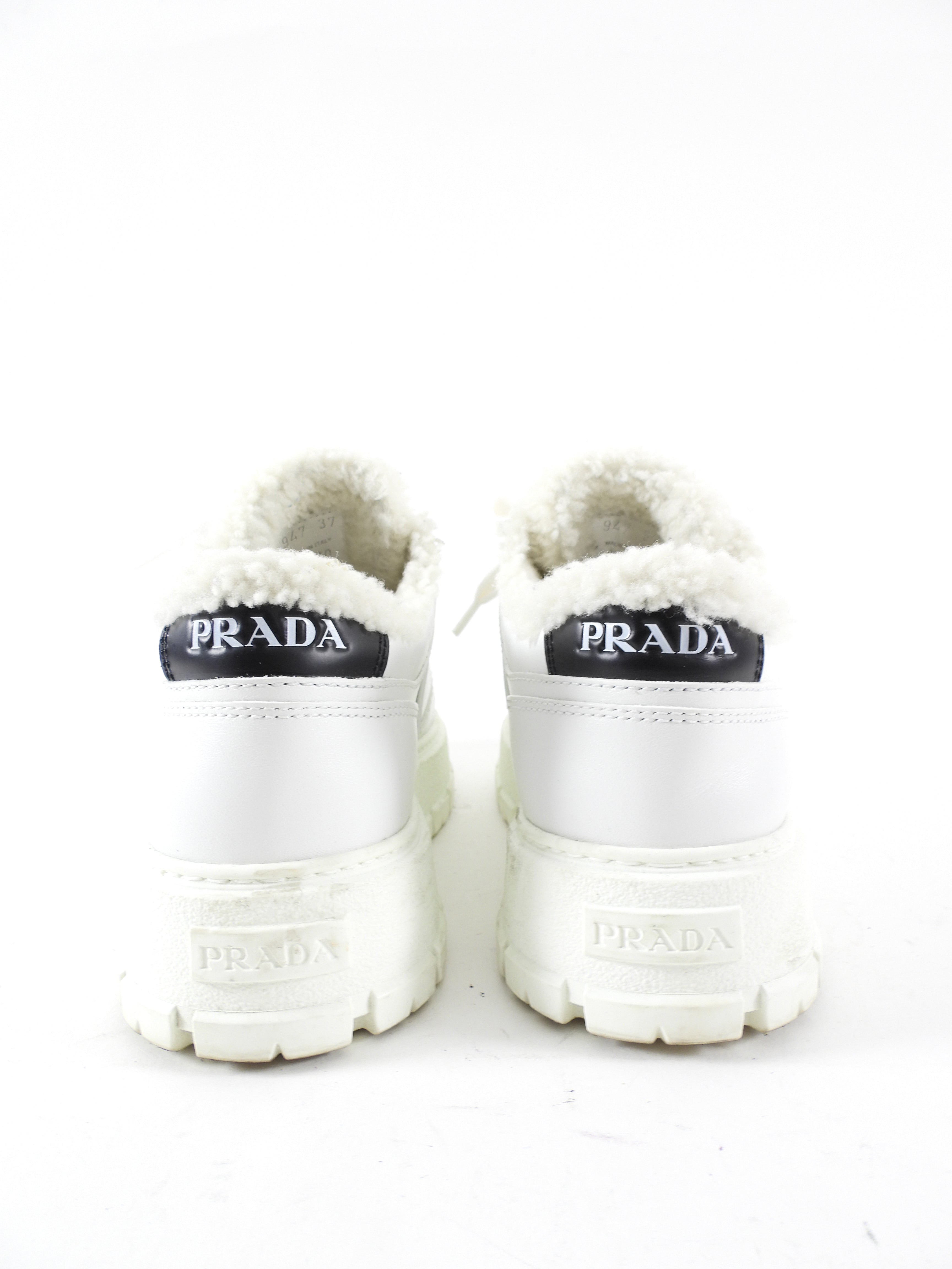 Prada White Leather Shearling Sneakers - 37