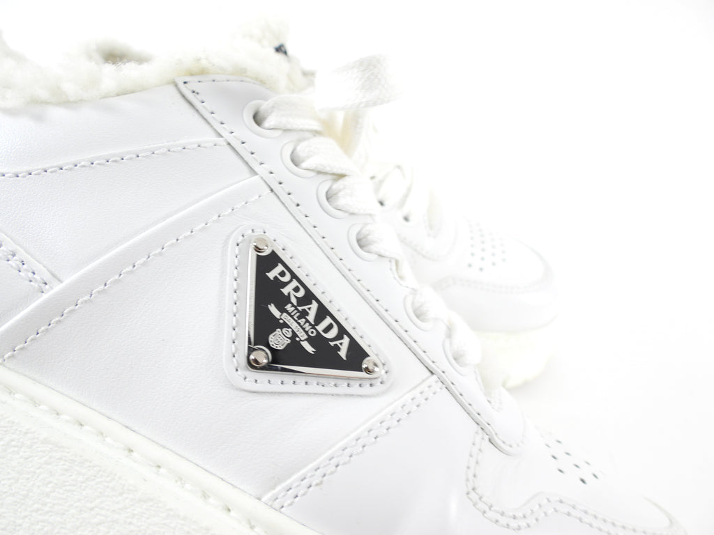 Prada White Leather Shearling Sneakers - 37
