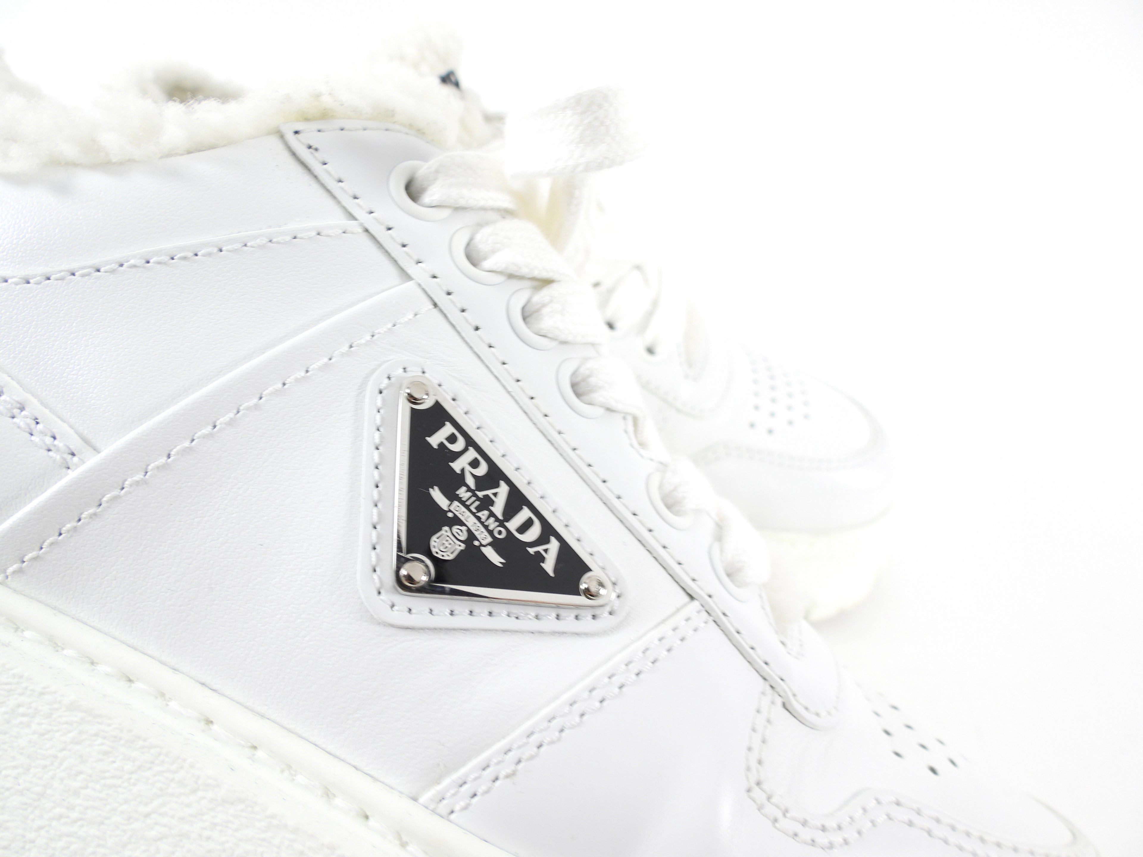 Prada White Leather Shearling Sneakers - 37