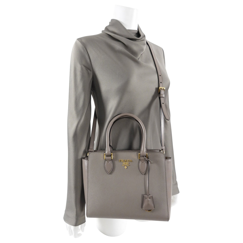 Prada Saffiano Small Beige Taupe Two Way Bag
