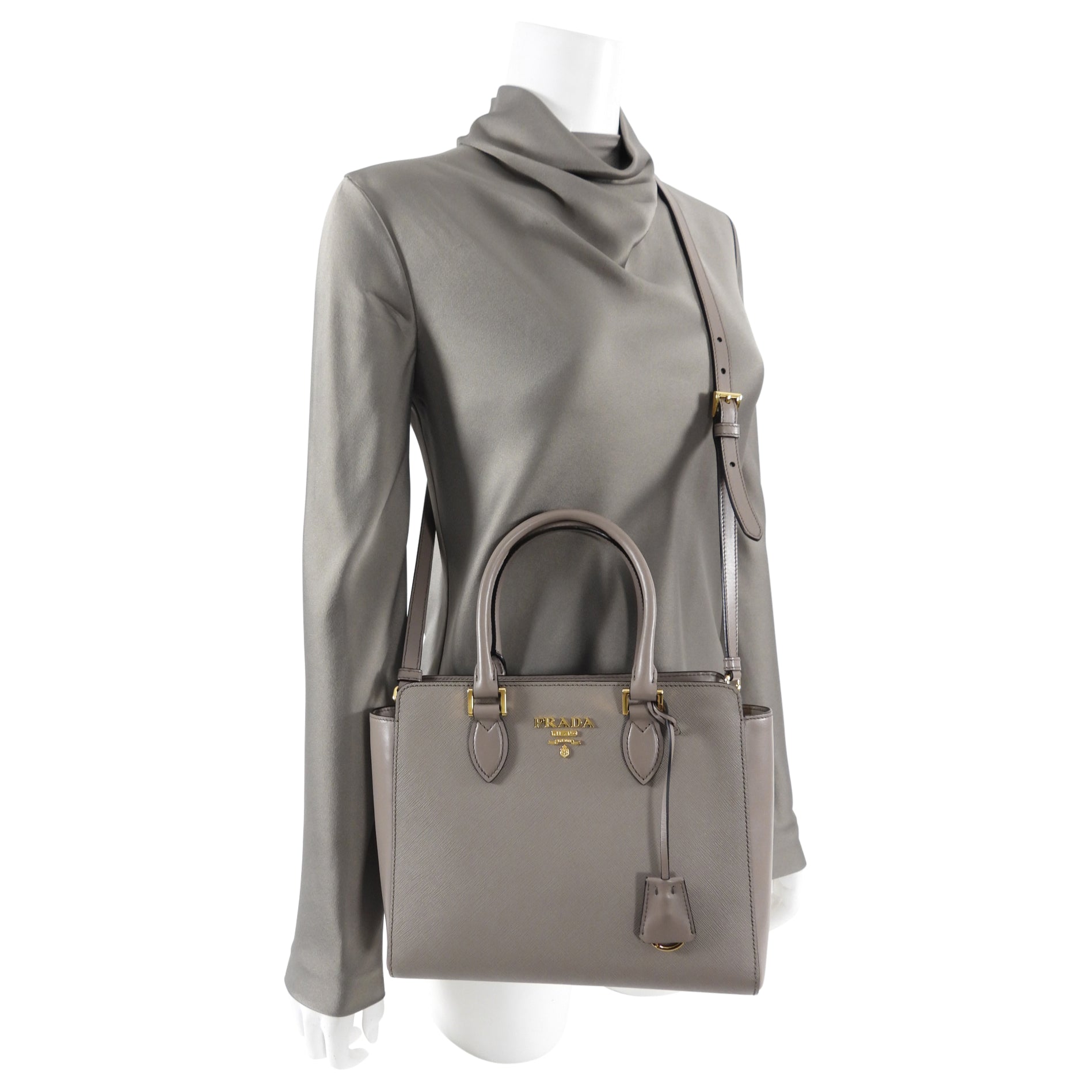 Prada Saffiano Small Beige Taupe Two Way Bag