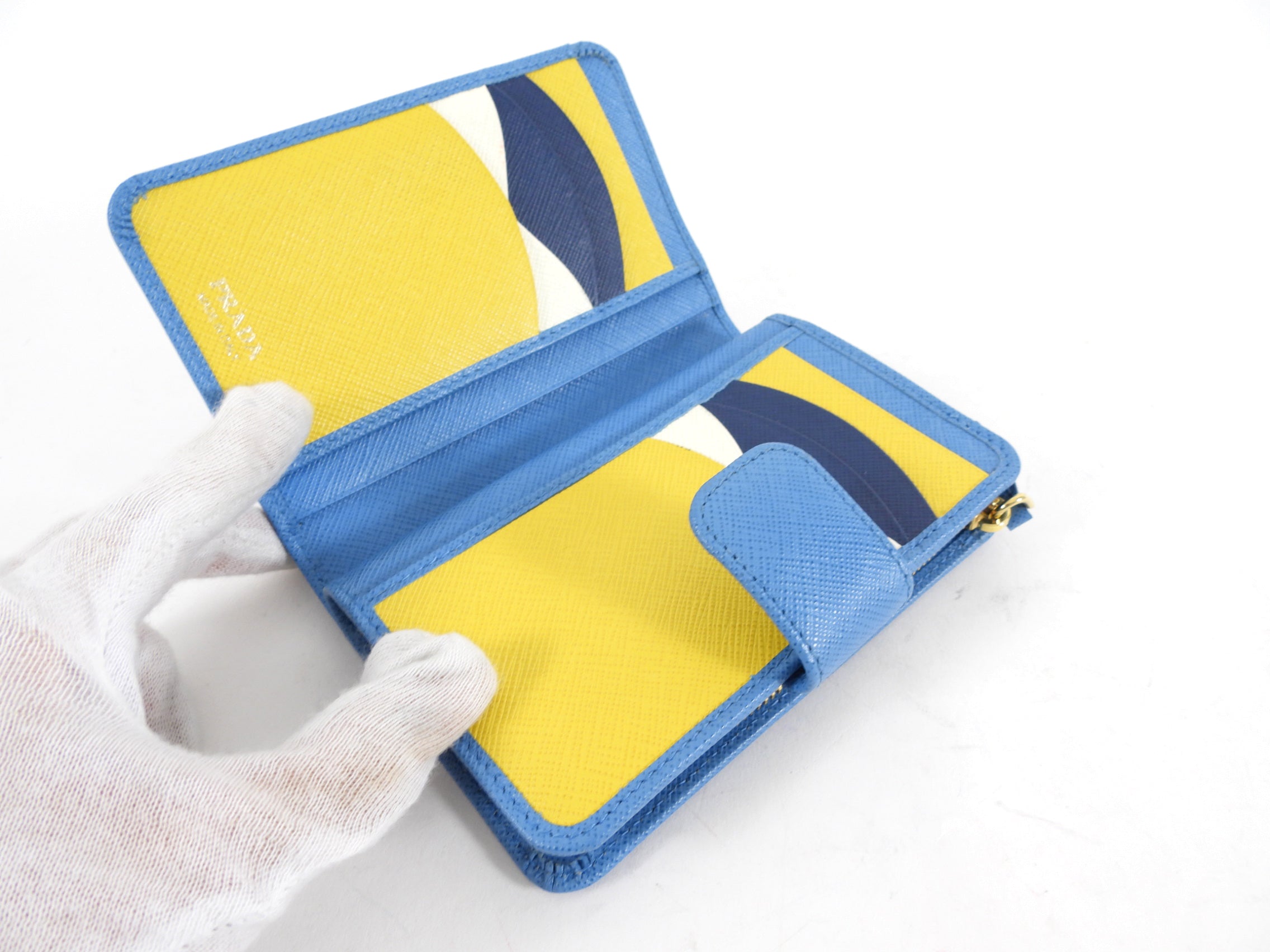 Prada Blue Multicolour Saffiano Leather Compact Wallet