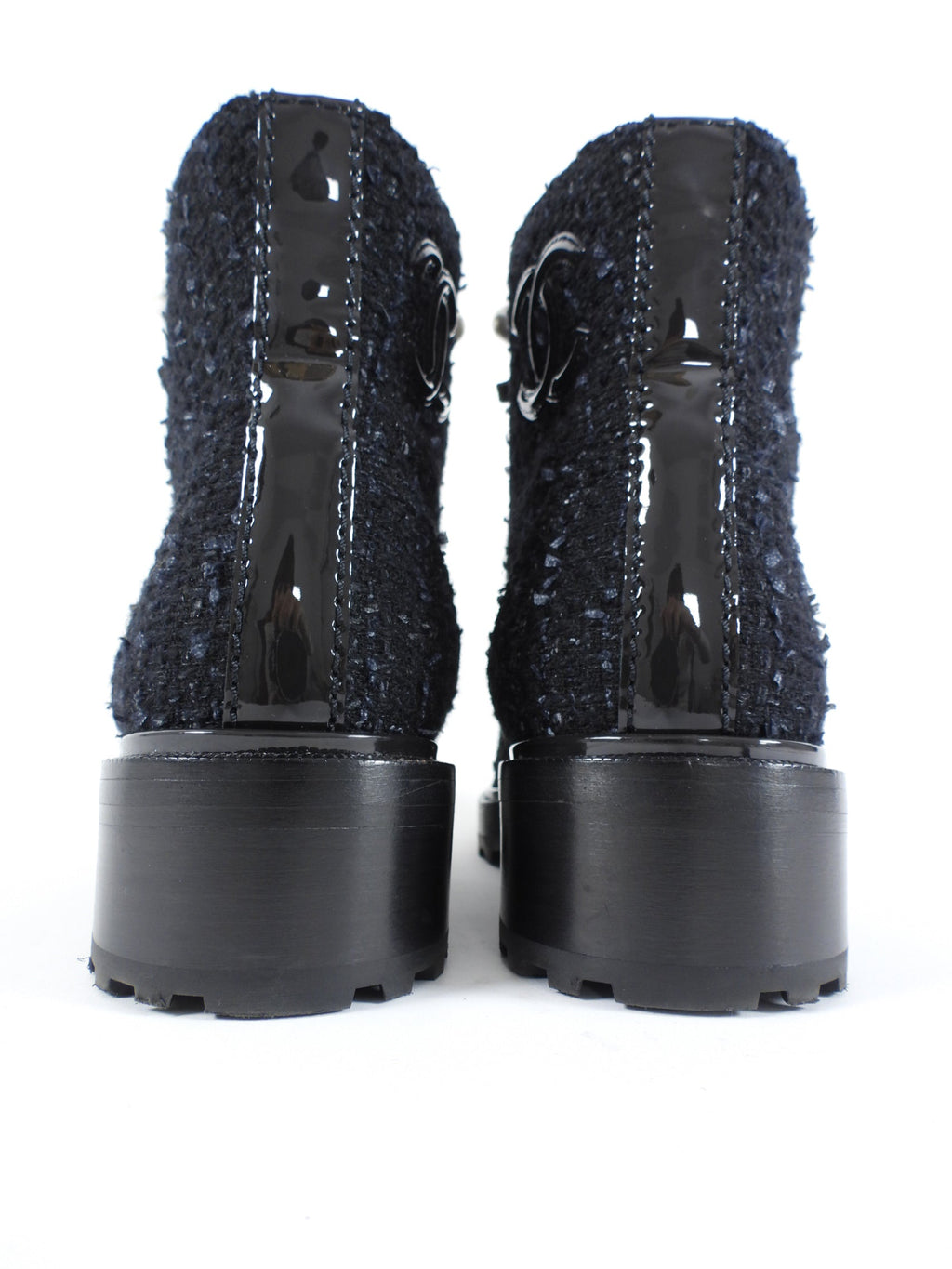 Chanel Black Tweed CC Pearl Cap Toe Lace Up Ankle Boots - 40C