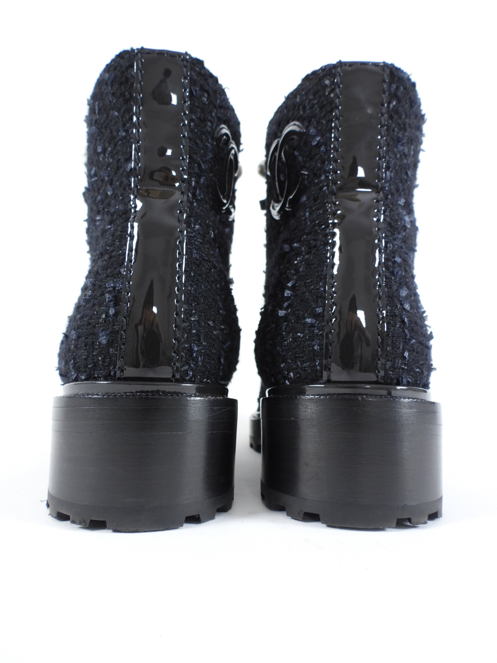Chanel Black Tweed CC Pearl Cap Toe Lace Up Ankle Boots - 40C
