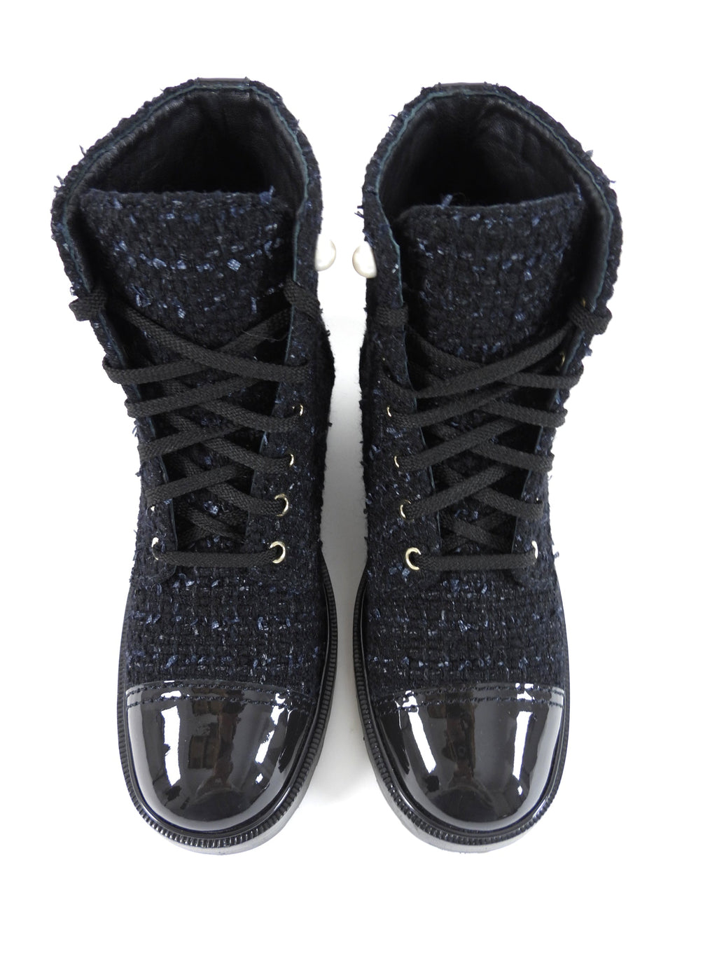 Chanel Black Tweed CC Pearl Cap Toe Lace Up Ankle Boots - 40C