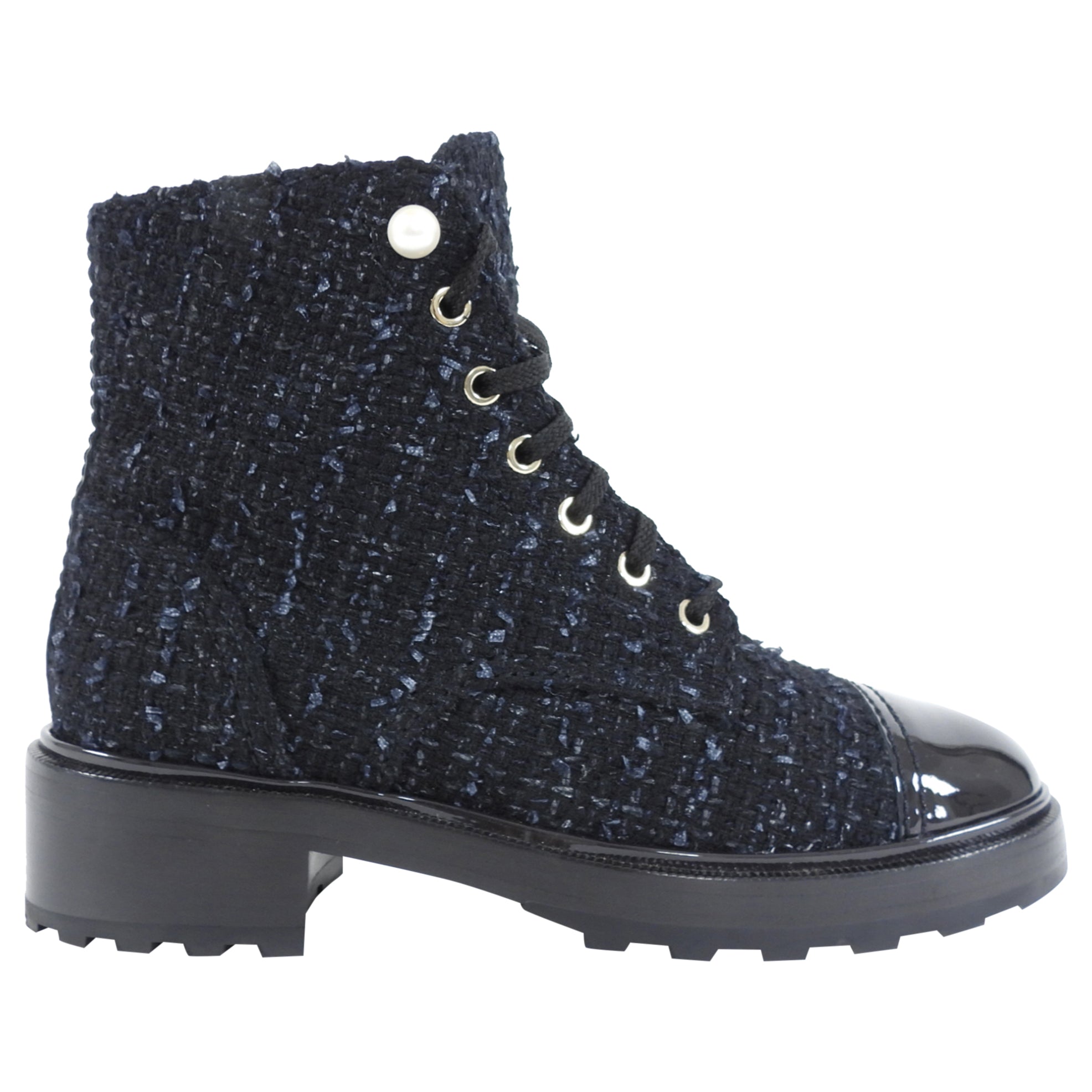 Chanel Black Tweed CC Pearl Cap Toe Lace Up Ankle Boots - 40C