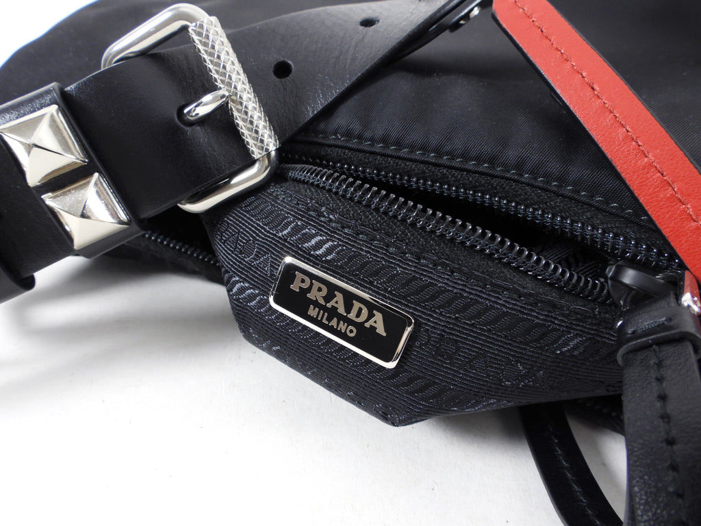 Prada New Vela Stud Black and Red Nylon Hobo Bag