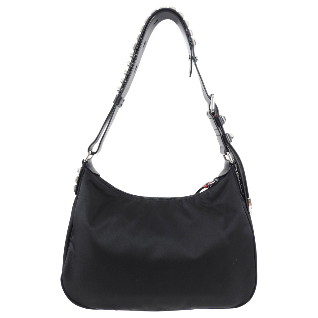 Prada New Vela Stud Black and Red Nylon Hobo Bag