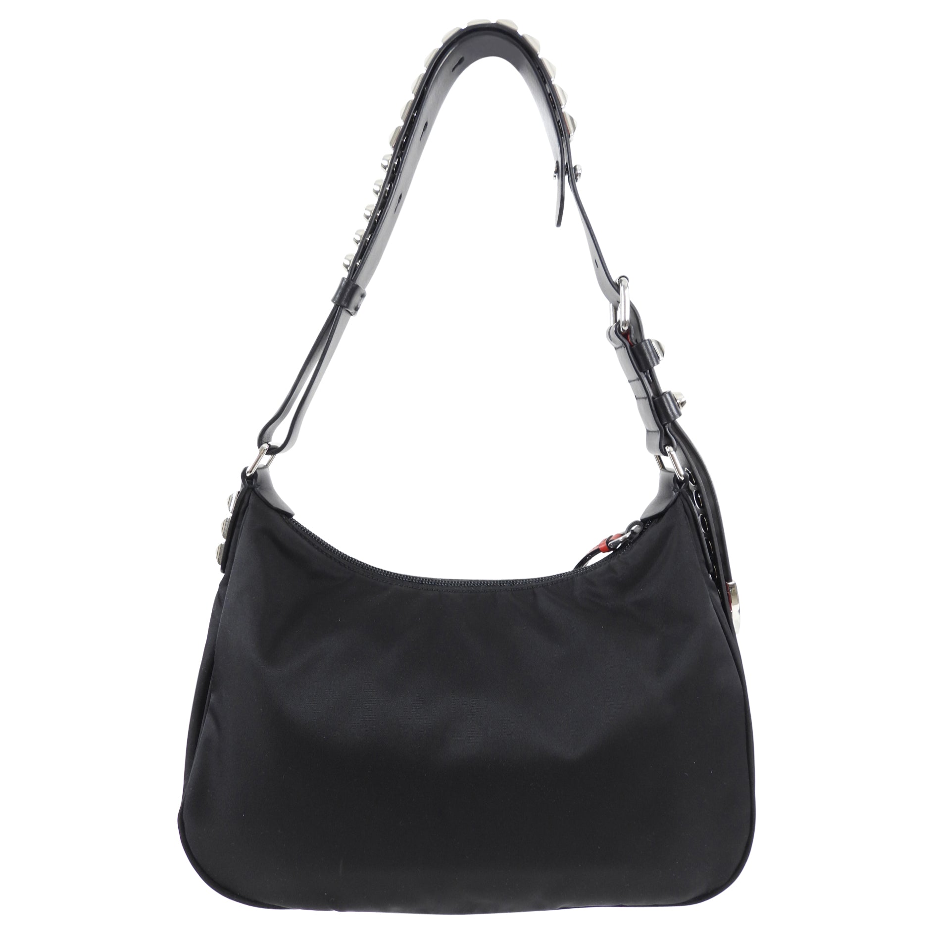 Prada New Vela Stud Black and Red Nylon Hobo Bag