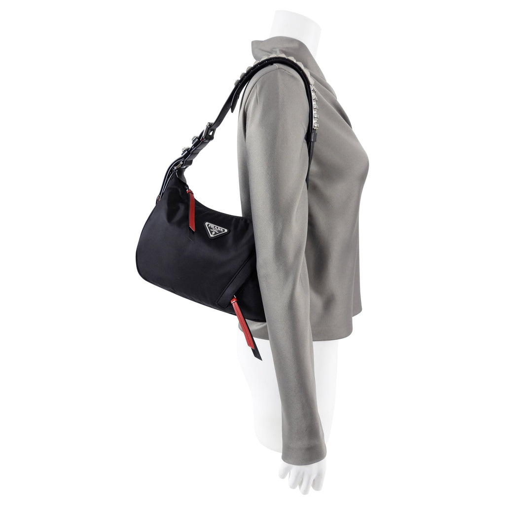 Prada New Vela Stud Black and Red Nylon Hobo Bag