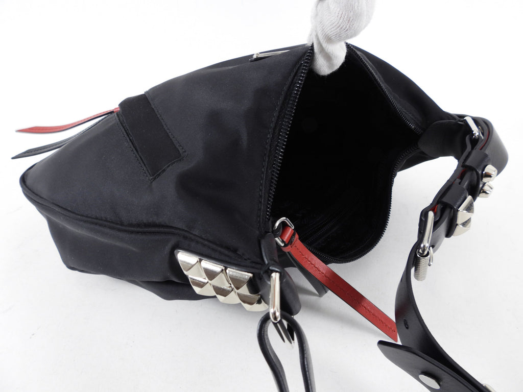 Prada New Vela Stud Black and Red Nylon Hobo Bag