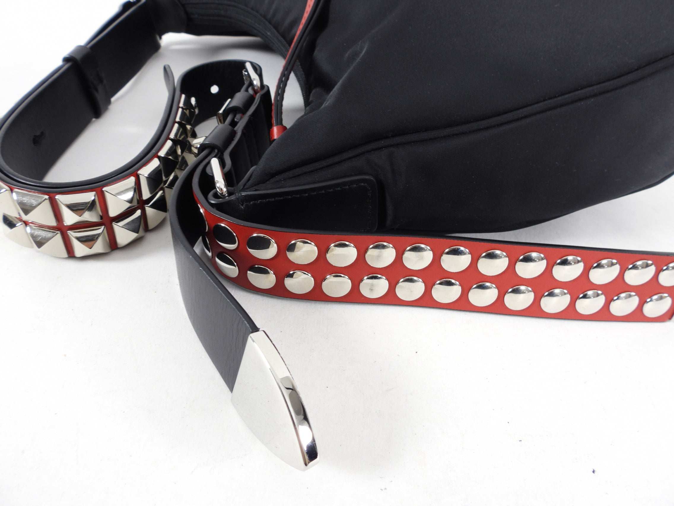 Prada New Vela Stud Black and Red Nylon Hobo Bag