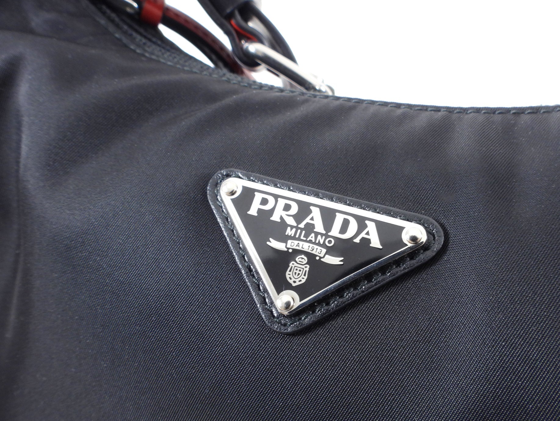 Prada New Vela Stud Black and Red Nylon Hobo Bag