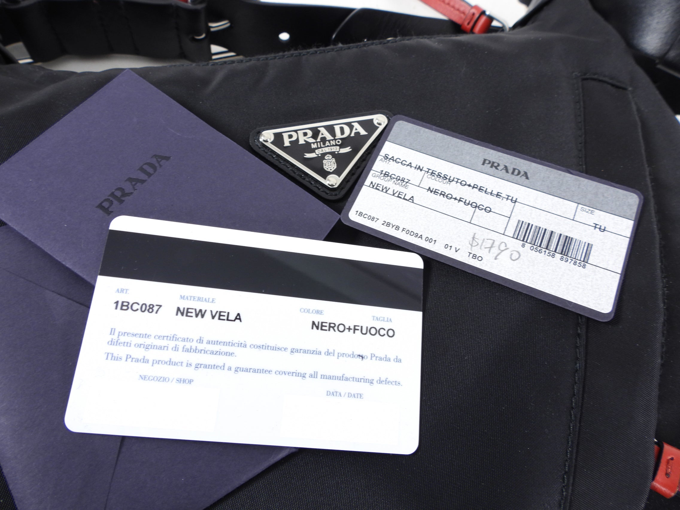 Prada New Vela Stud Black and Red Nylon Hobo Bag