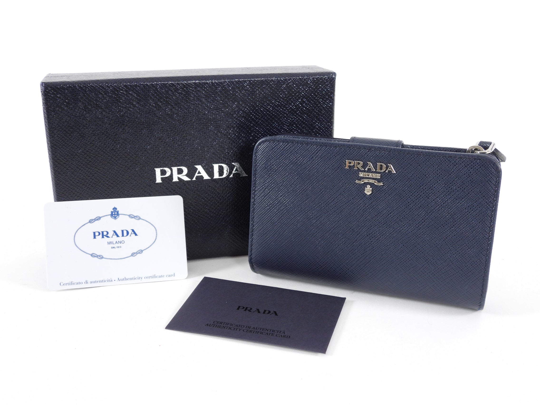 Prada Small Saffiano Compact Navy Wallet