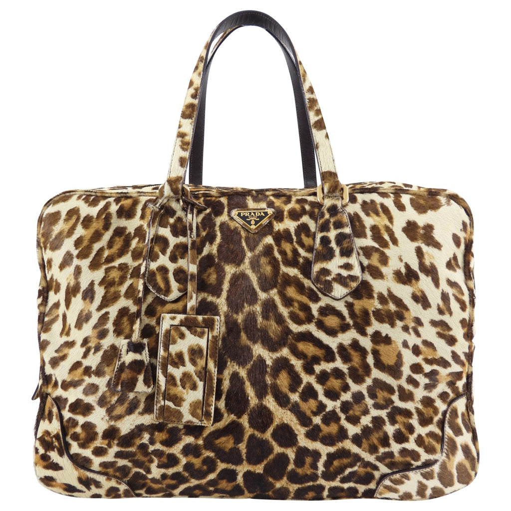Prada Leopard Pattern Calf Hair Large Weekender Bag