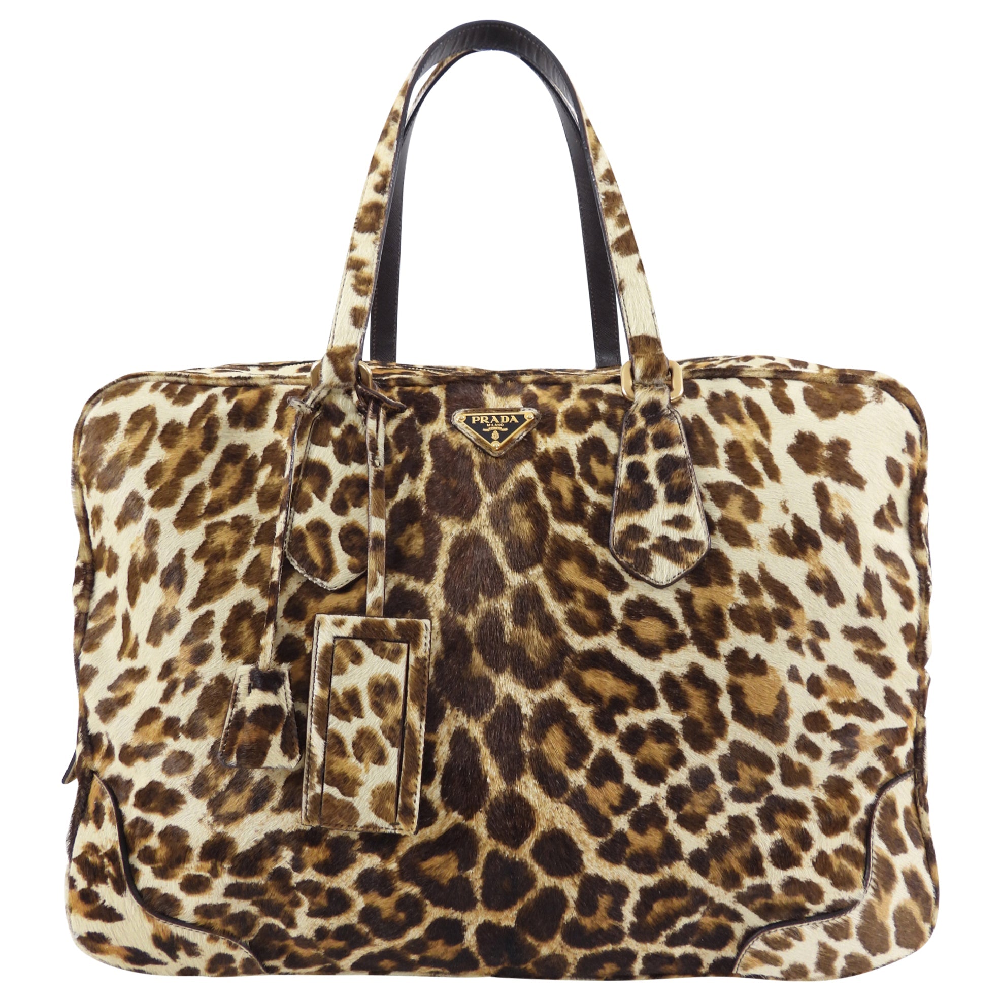 Prada Leopard Pattern Calf Hair Large Weekender Bag