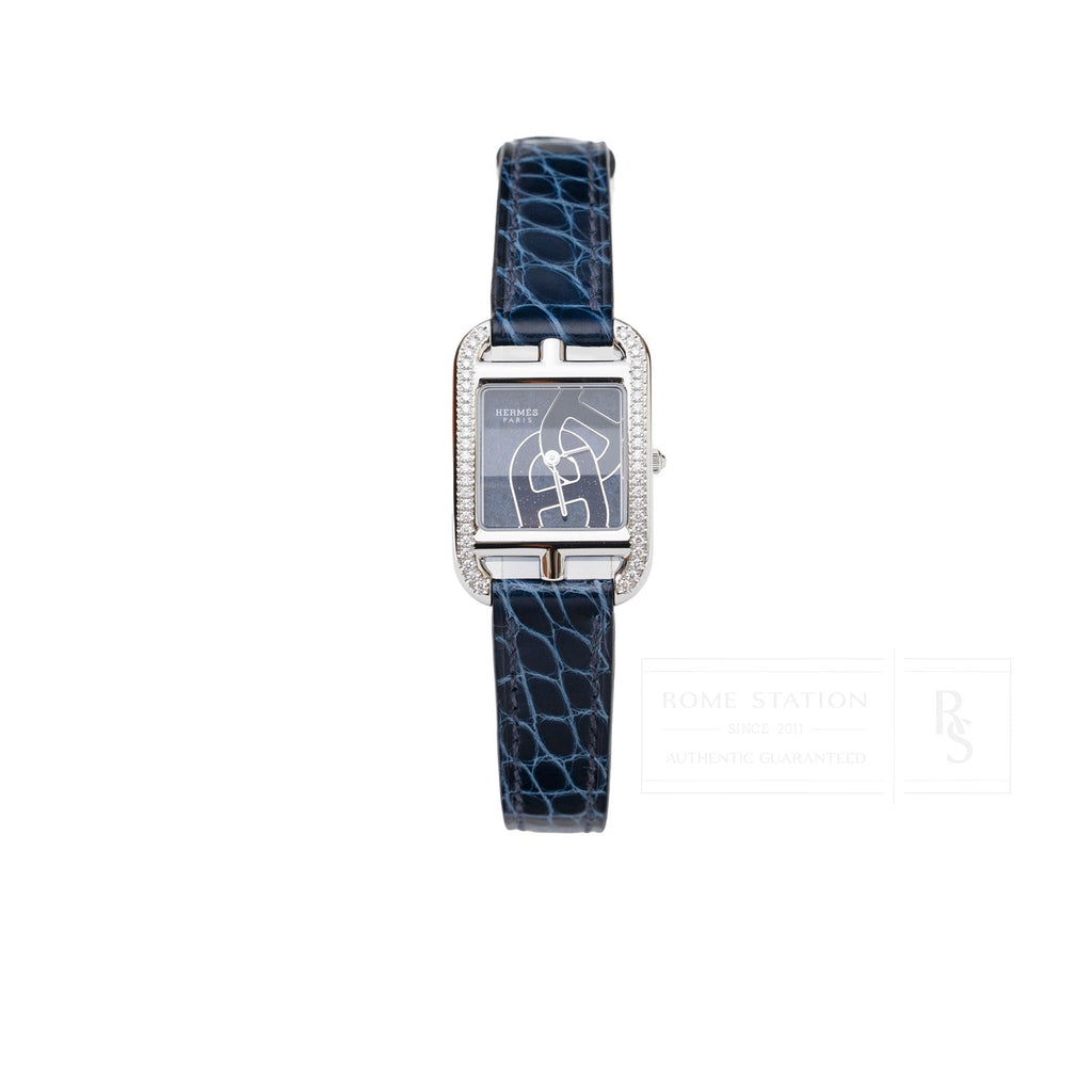 Hermès Cape Cod Diamond Watch Small Model 31mm Steel/Shiny Alligator Blue Saphir