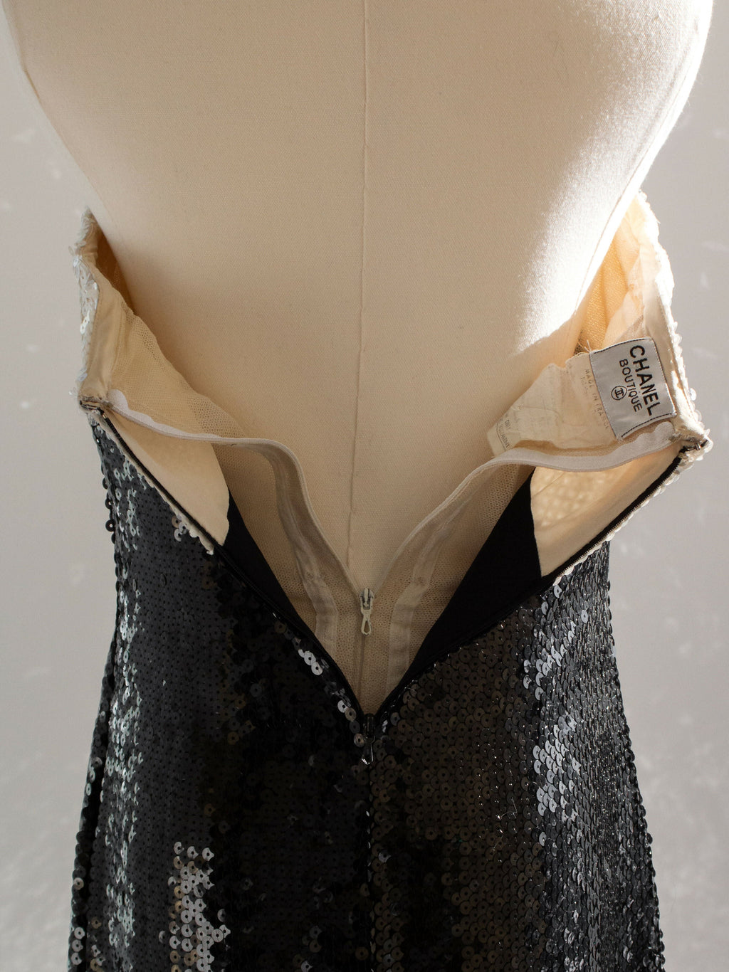 Chanel Vintage S/S 1987 White Black Sequin Embellished Bow Bustier Mini Dress