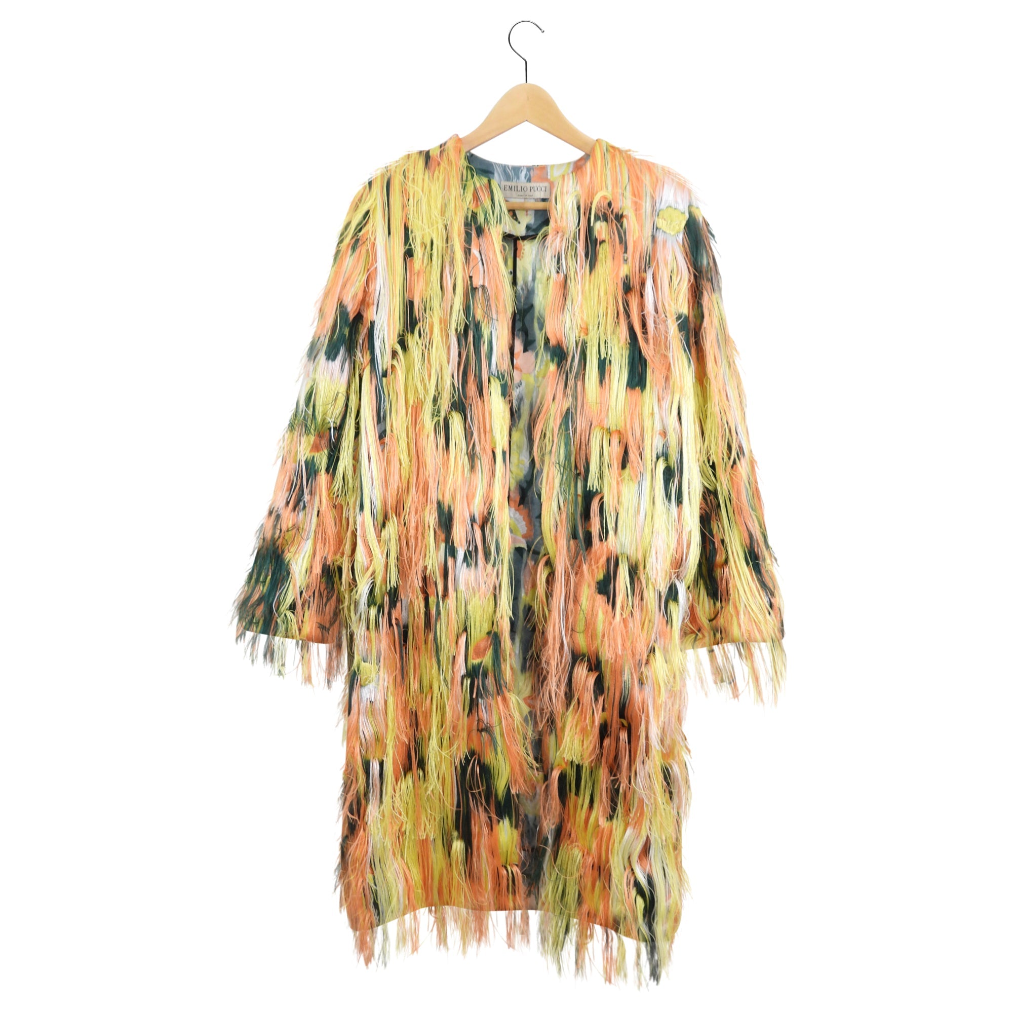 Emilio Pucci Orange Green Fringe Brocade Coat - S