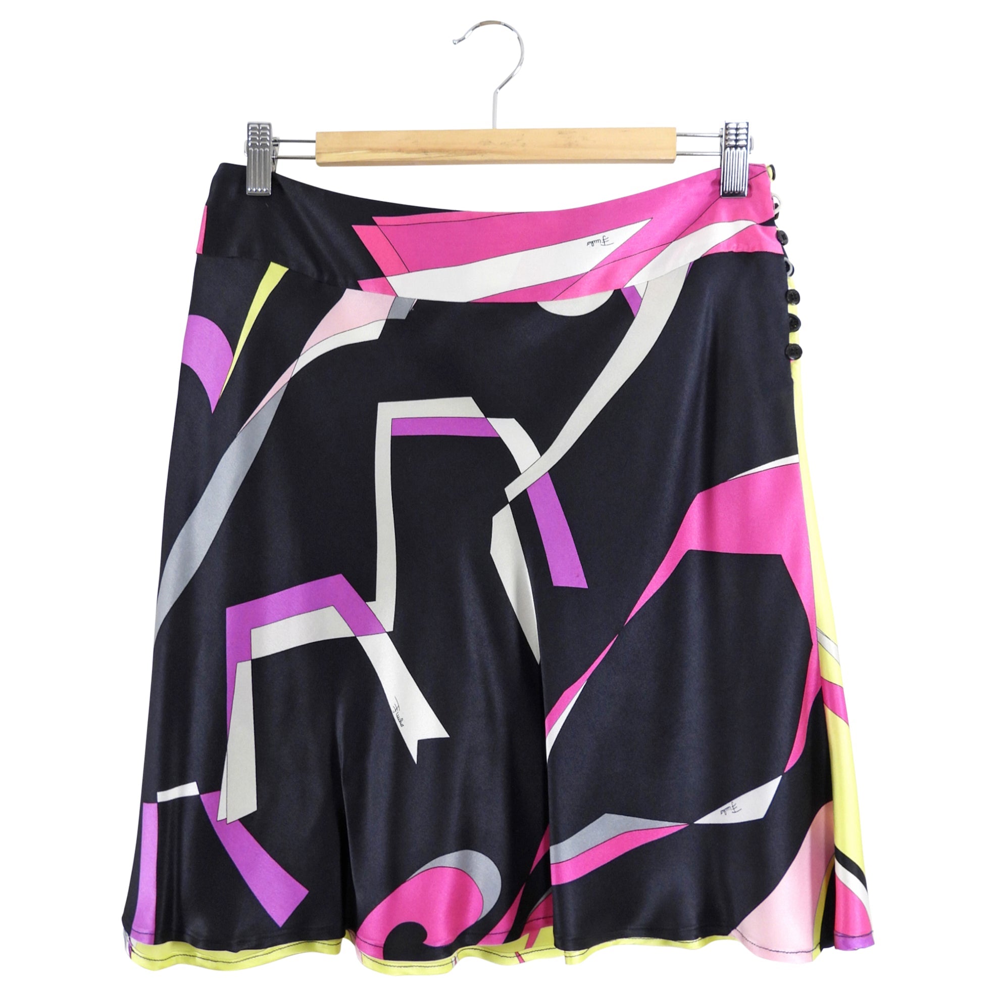 Emilio Pucci Silk Satin Lime Pink Black Bias Mini Skirt - IT44 / 8 / M