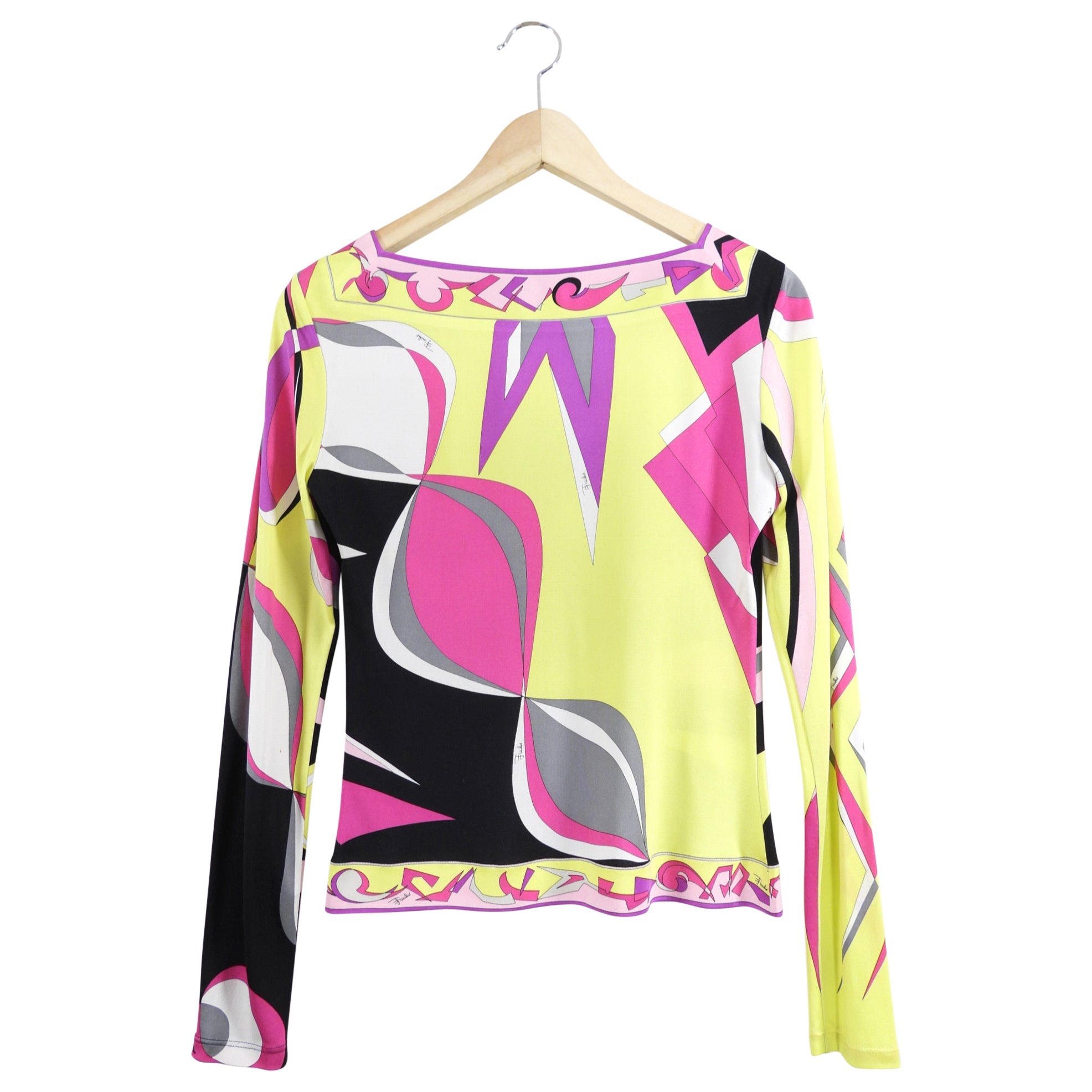 Emilio Pucci Silk Jersey Lime Pink Black Long Sleeve Top - IT42 / S / 4/ 6