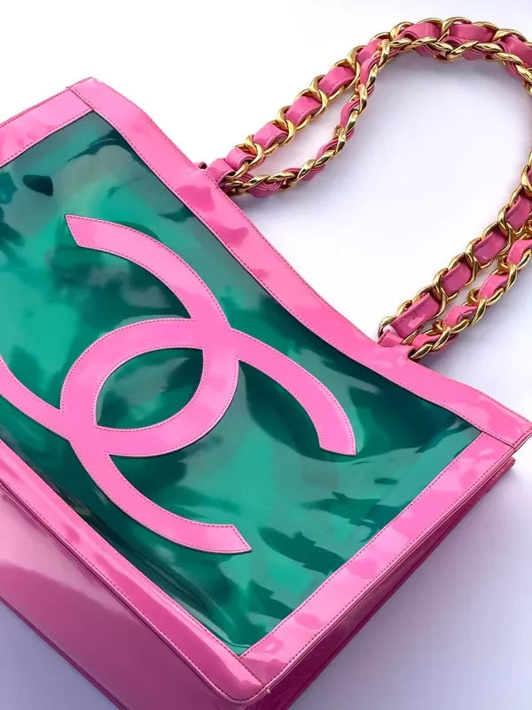 Chanel 1995 Vintage Barbie Pink Patent PVC Chunky Chain Tote Bag