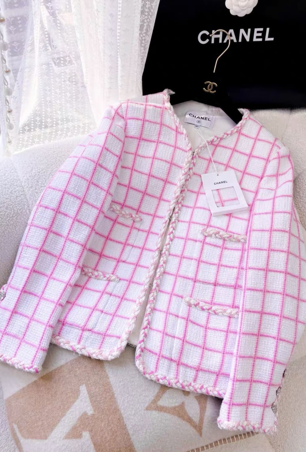 Chanel 23C pink and white four-pocket jacket