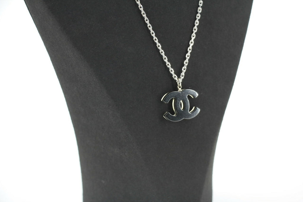 Chanel Vintage 05P Acrylic Transparent Rhinestone Black CC Double-Sided Necklace