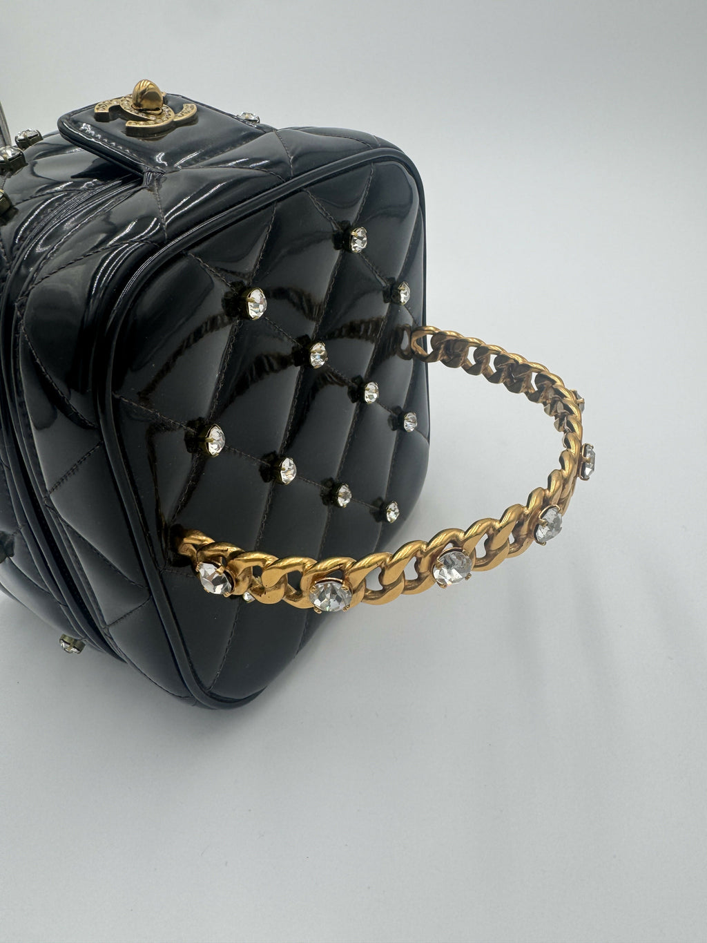 Chanel 1995 Vintage Barbie Black Rhinestone Heart-Mirror Vanity Case Bag