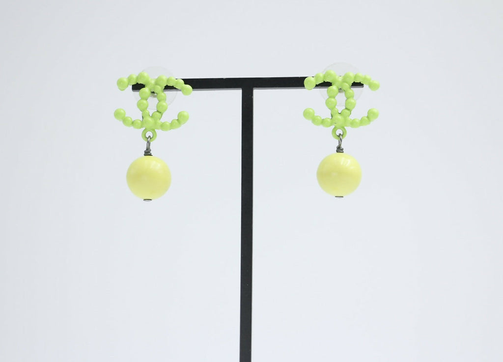 Chanel Vintage 04A Resin Fluorescent Green and Yellow Dangle Stud Earrings