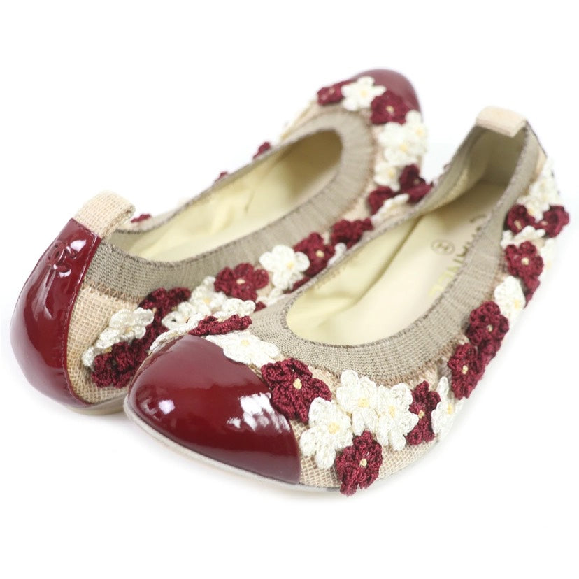 Chanel Beige/Bordeaux Floral Embellished Ballet Flat Shoes Size 36