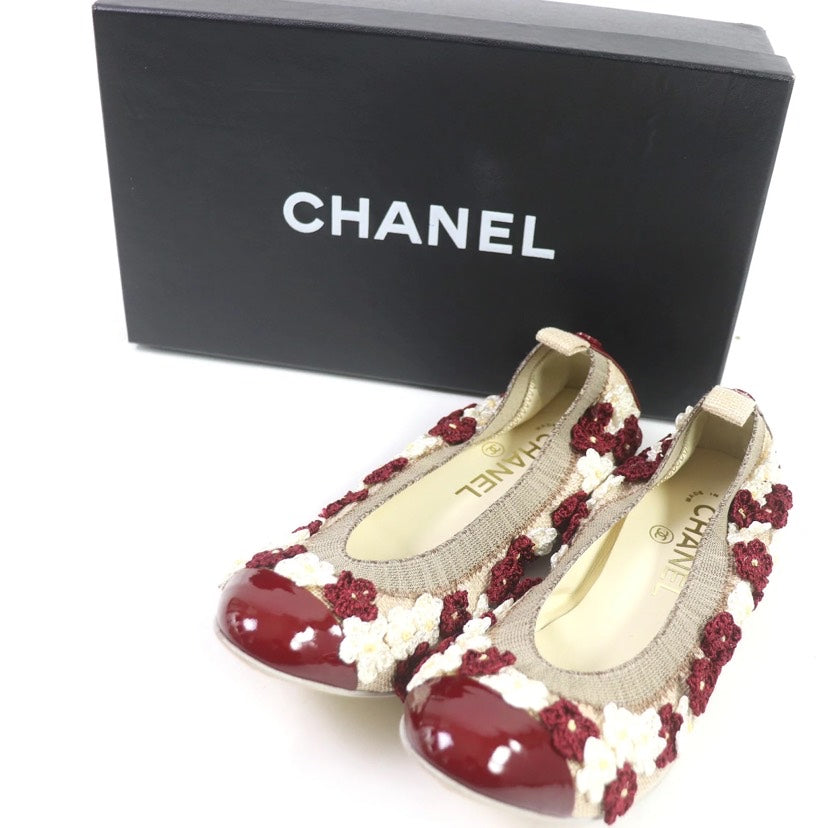 Chanel Beige/Bordeaux Floral Embellished Ballet Flat Shoes Size 36