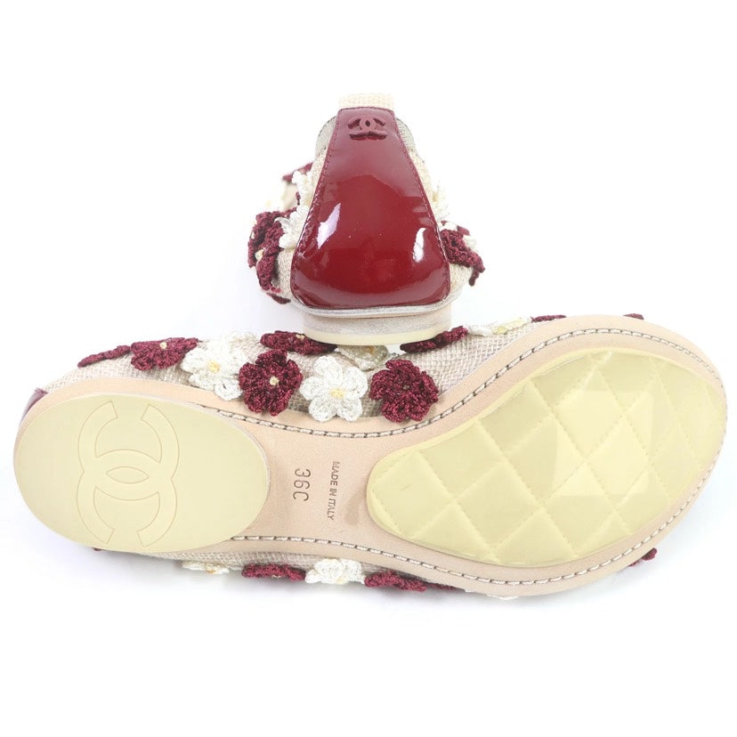 Chanel Beige/Bordeaux Floral Embellished Ballet Flat Shoes Size 36