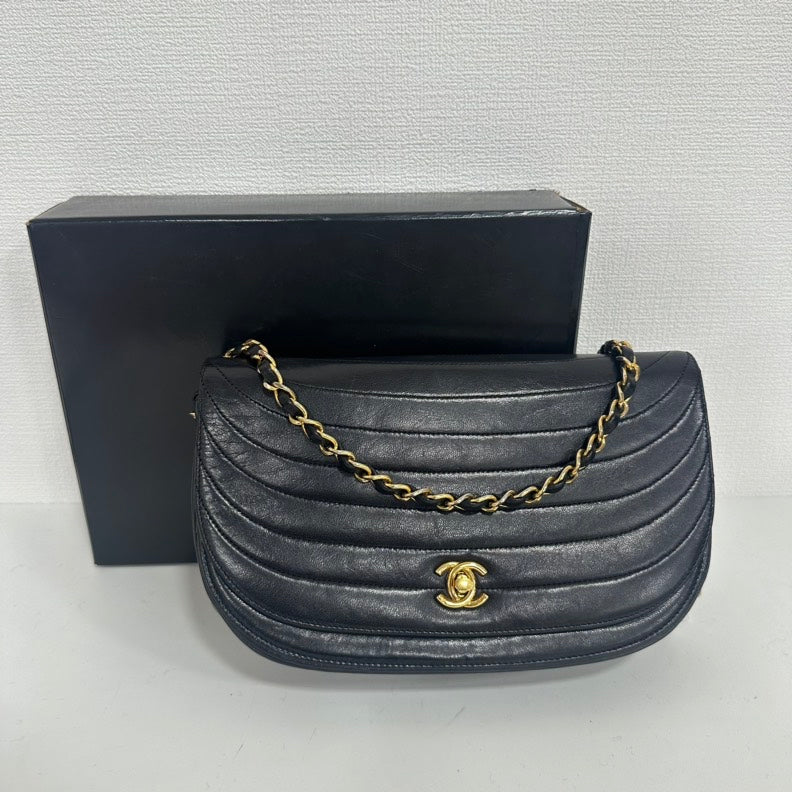 Chanel Vintage Black Lambskin Half Moon Flap Chain Bag - Medium Size