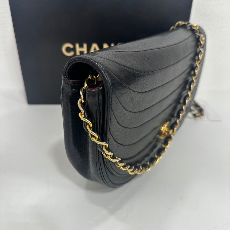 Chanel Vintage Black Lambskin Half Moon Flap Chain Bag - Medium Size