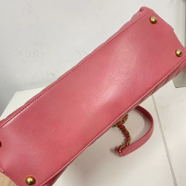 Chanel Coco Handle Bag Pink Quilted Leather with Burgundy Handle and Gold-Tone Hardware